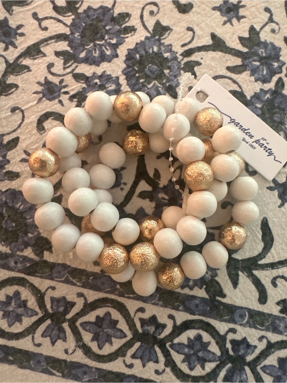 Set of 3 White and Gold Wood Beaded Stretch Bracelets